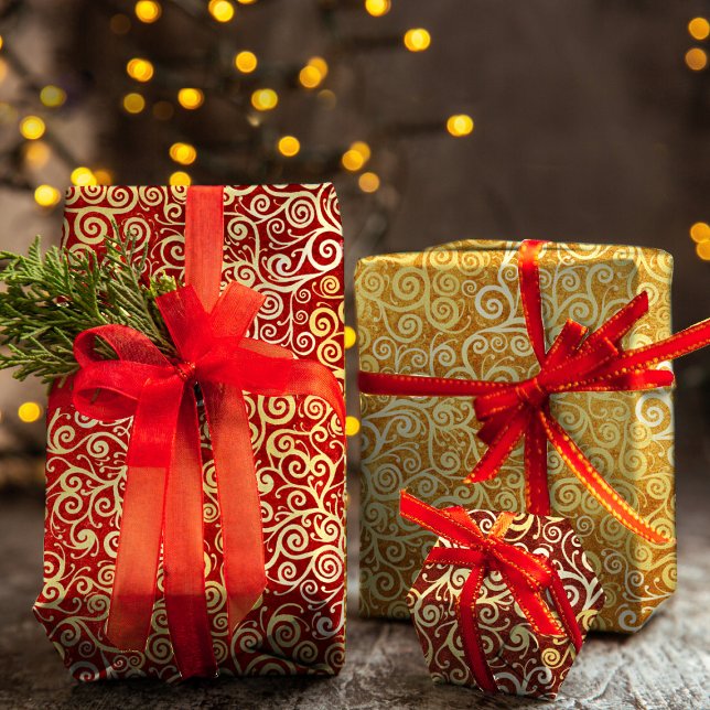 Feuille De Papier Cadeau Red Maroon & Gold Swils Motif Boho Noël (Créateur téléchargé)