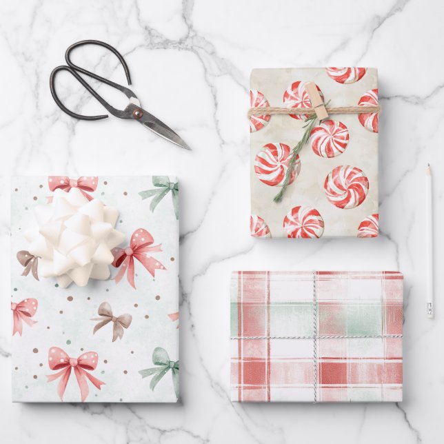 Feuille De Papier Cadeau Red Mint Cream Christmas Bows Peppermint Stripes (Recto)