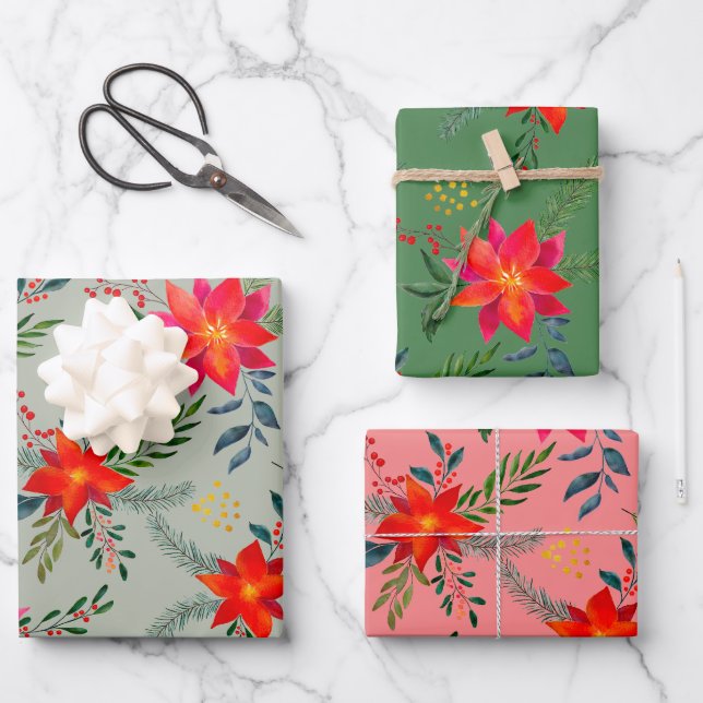 Feuille De Papier Cadeau  Red Poinsettia Christmas Floral (Recto)