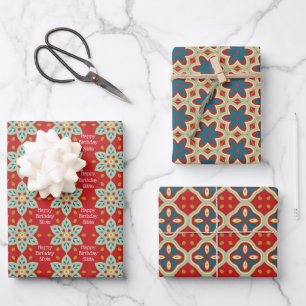 Feuille De Papier Cadeau Red Quilt Motif Happy Birthday Ajouter le nom 3
