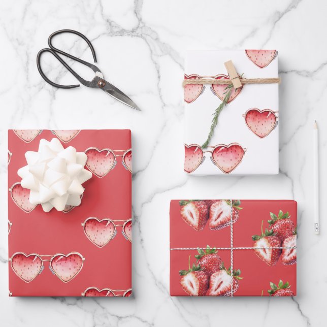 Feuille De Papier Cadeau Red Strawberry Heart Colored Glasses Birthday (Recto)