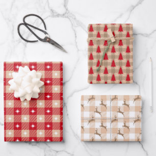 Feuille De Papier Cadeau Red Tan Country Plaid Arbres Noël Fêtes