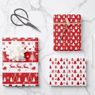 Feuille De Papier Cadeau Red White Holiday Trees, Sleigh et Snowmen