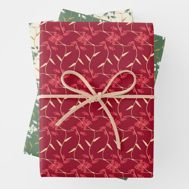 Feuille De Papier Cadeau Regal floral joyeux rouge et vert (En situation)