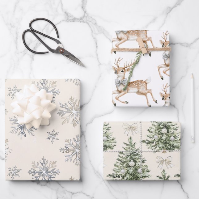 Feuille De Papier Cadeau Reindeer Silver Snowflakes Christmas Trees (Recto)