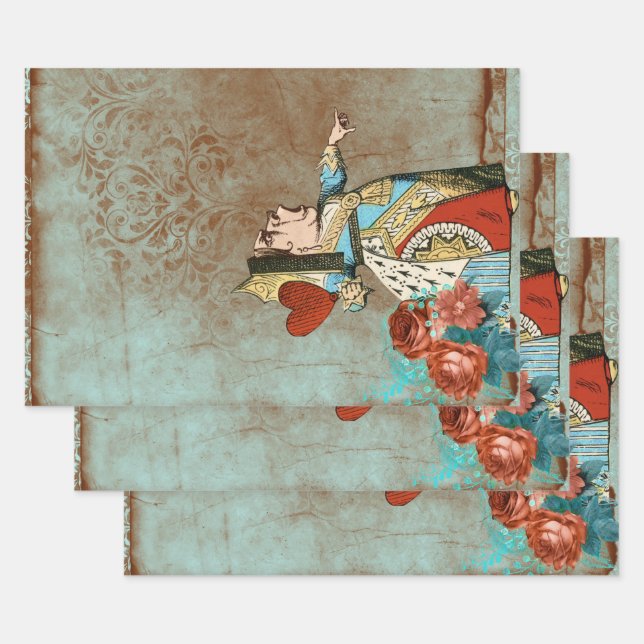 Feuille De Papier Cadeau Reine des Coeurs Turquoise et rouille (Lot)
