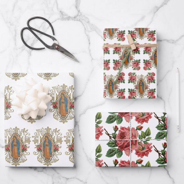 Feuille De Papier Cadeau Religieux Guadalupe Vierge Marie Floral Roses  (Recto)