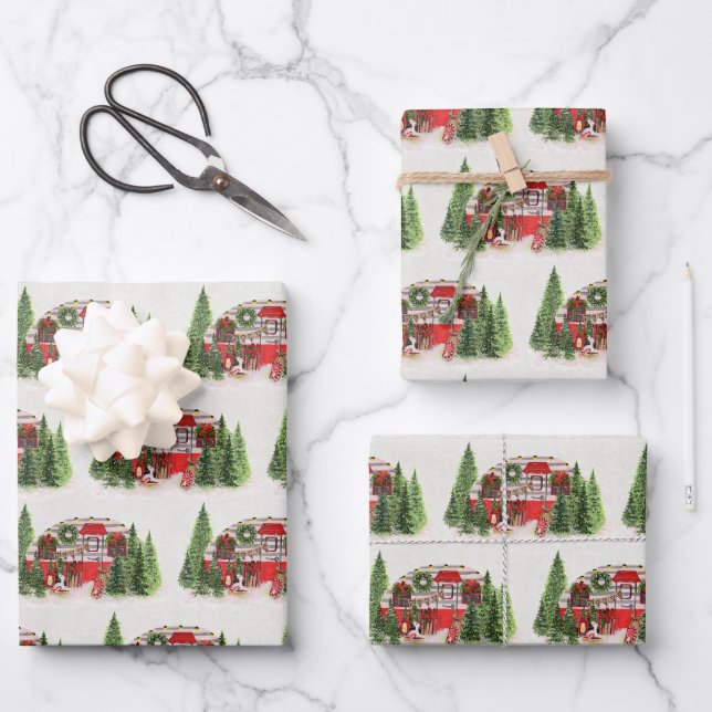 Feuille De Papier Cadeau Remorque de Noël Camper Scène rustique (Recto)