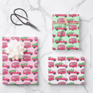 Feuille De Papier Cadeau Remorques de Noël Cute RVs Camions Fêtes Colorées