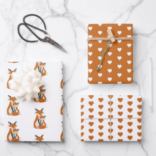 Feuille De Papier Cadeau Renard boisé - Motif de coeur brûlé orange et blan