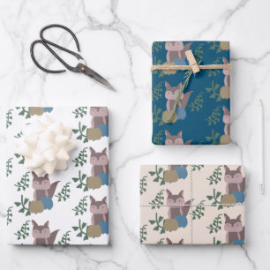 Feuille De Papier Cadeau Renard Chute Citrouille Bleu Beige Boho