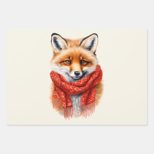 Feuille De Papier Cadeau Renard mignon avec une écharpe rouge Image d'autom