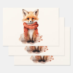 Feuille De Papier Cadeau Renard mignon en écharpe rouge