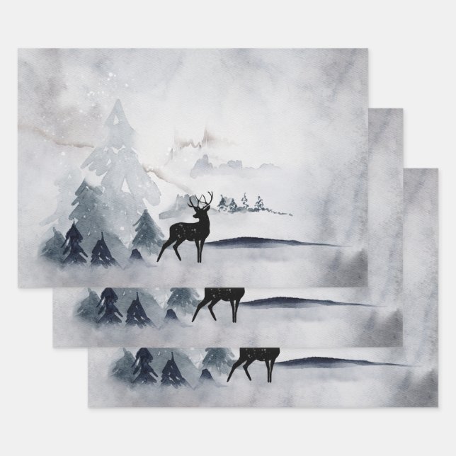 Feuille De Papier Cadeau Rennes dans l'Aquarelle gris sauvage Noël (Lot)