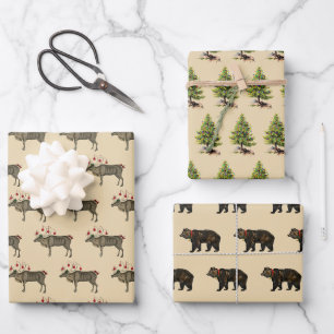 Feuille De Papier Cadeau Rennes de Noël, ours et pins
