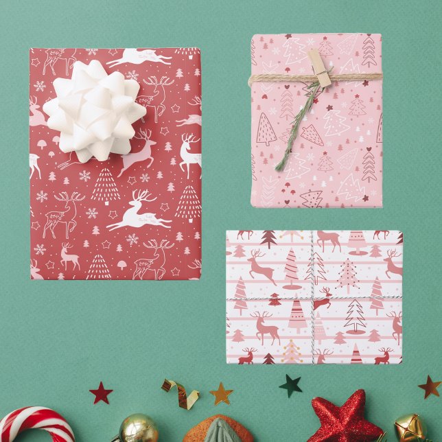Feuille De Papier Cadeau Rennes roses et rouges et arbres de Noël (Créateur téléchargé)