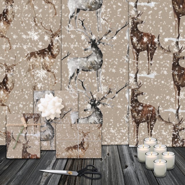 Feuille De Papier Cadeau Rennes Rustiques Kraft Étiquettes Grosses Antlers (Rustic Kraft Reindeer Stags Large Antlers Gift Wrapping Paper Sheets Trio)