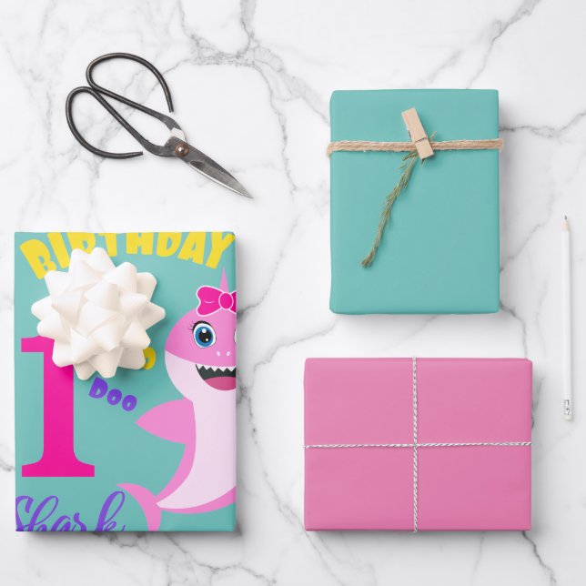 Feuille De Papier Cadeau Requin mignon 1er anniversaire  (Recto)
