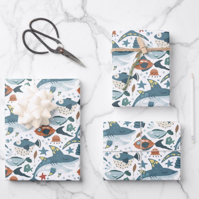 Feuille De Papier Cadeau Requin sous la mer Poisson Anniversaire de enfant  (Recto)