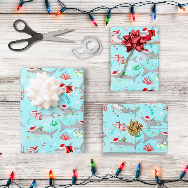 Feuille De Papier Cadeau Requins de Noël (Dive into joy with 'Jolly Sharkmas,' gifting smiles to little shark enthusiasts!)