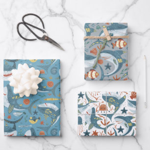 Feuille De Papier Cadeau requins gris vert moderne océan mer Cadeaux d'anni