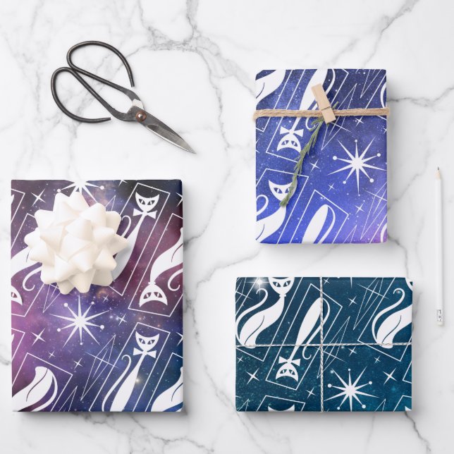 Feuille De Papier Cadeau Retro Atomic Star Space Cat MidCentury Noël (Recto)