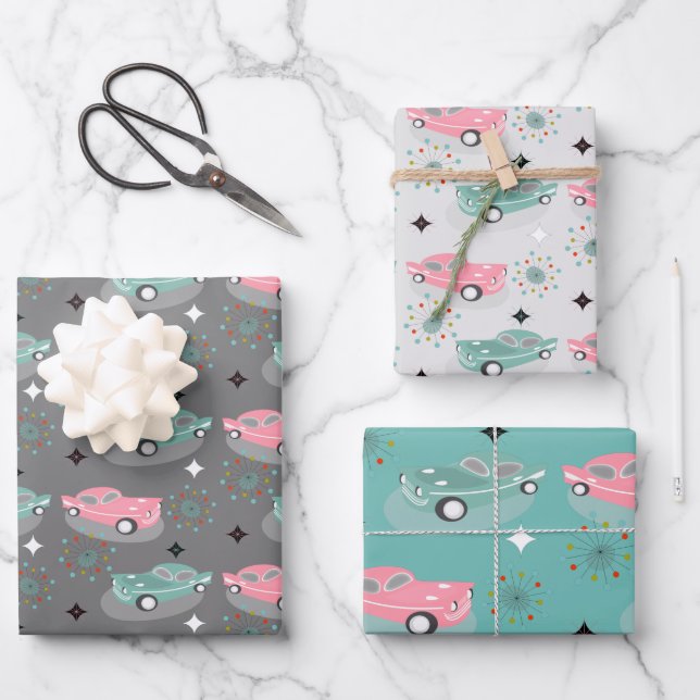 Feuille De Papier Cadeau Retro Cars Starburst atomique Moderne Mid Centur (Recto)