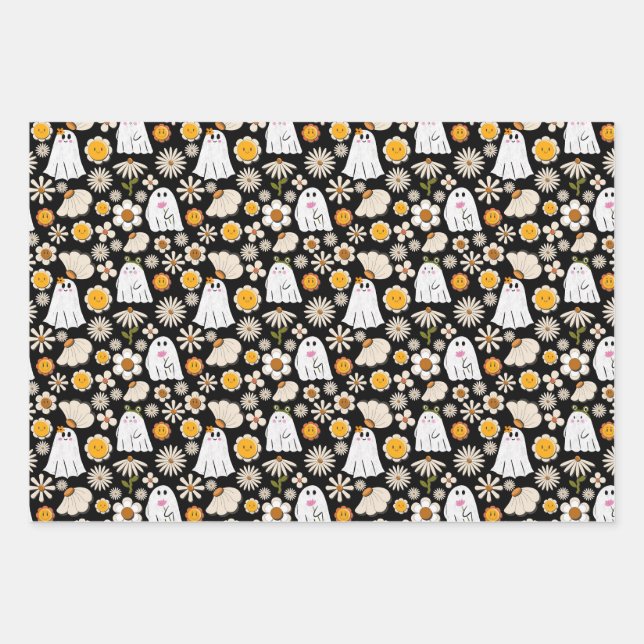 Feuille De Papier Cadeau Retro Ghost Flowers Halloween Seamless Pattern (Devant)
