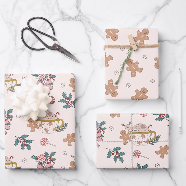 Feuille De Papier Cadeau Retro Gingerbread Cookies et Thé Noël (Recto)