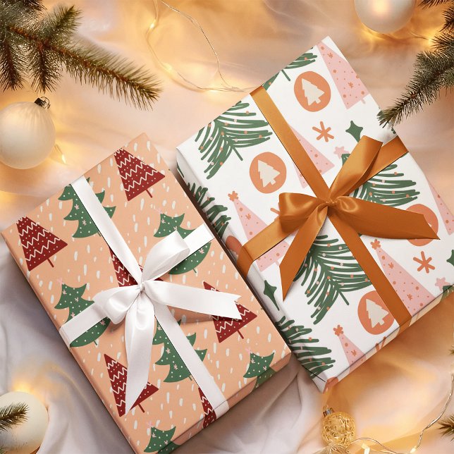 Feuille De Papier Cadeau Retro Green Trees Pattern Christmas Holiday (Créateur téléchargé)