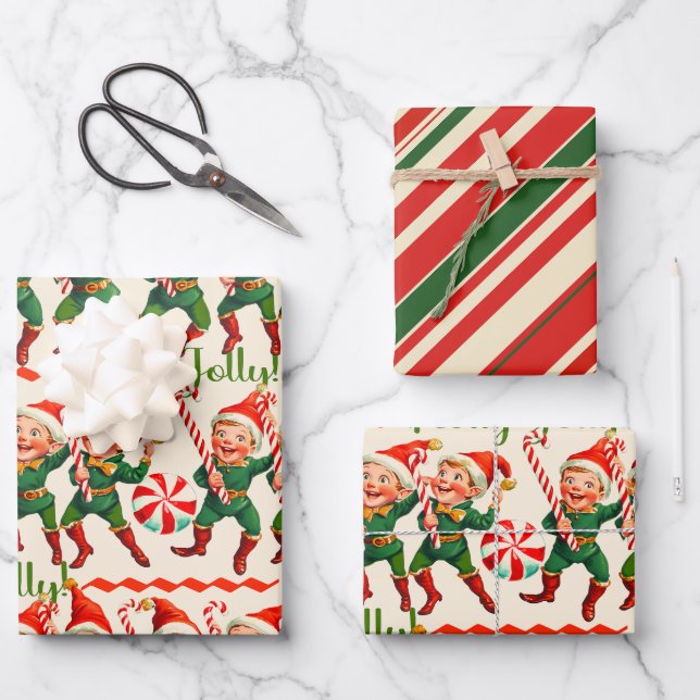 Feuille De Papier Cadeau Retro Holly Jolly Elves de Noël (Recto)