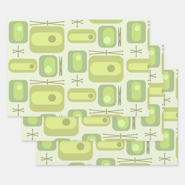 Feuille De Papier Cadeau Rétro l'âge atomique formes Chartreuse (Lot)