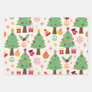 Feuille De Papier Cadeau Rétro les années 70 Super Noël Arbres Motif