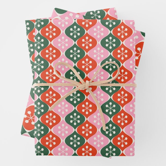 Feuille De Papier Cadeau Retro Mid Mod Atomic Pattern Pink Green Christmas (En situation)