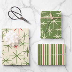 Feuille De Papier Cadeau Retro Mid Mod Noël Motifs Olive Red Creme