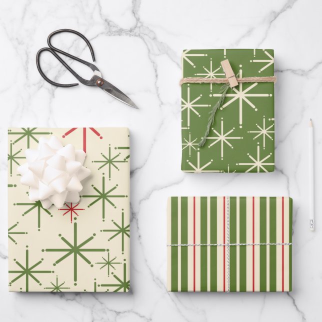 Feuille De Papier Cadeau Retro Mid Mod Noël Motifs Olive Red Creme (Recto)