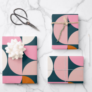Feuille De Papier Cadeau Retro Motif moderne du milieu du siècle Bleu rose 