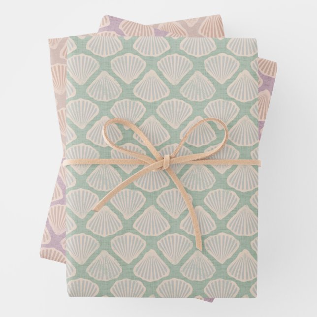 Feuille De Papier Cadeau Retro pastel boho wrapping paper with sea shells (En situation)
