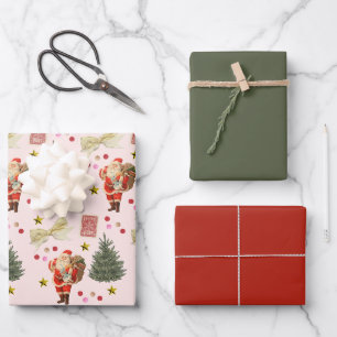 Feuille De Papier Cadeau Retro Père Noël rose rouge et vert enveloppement d