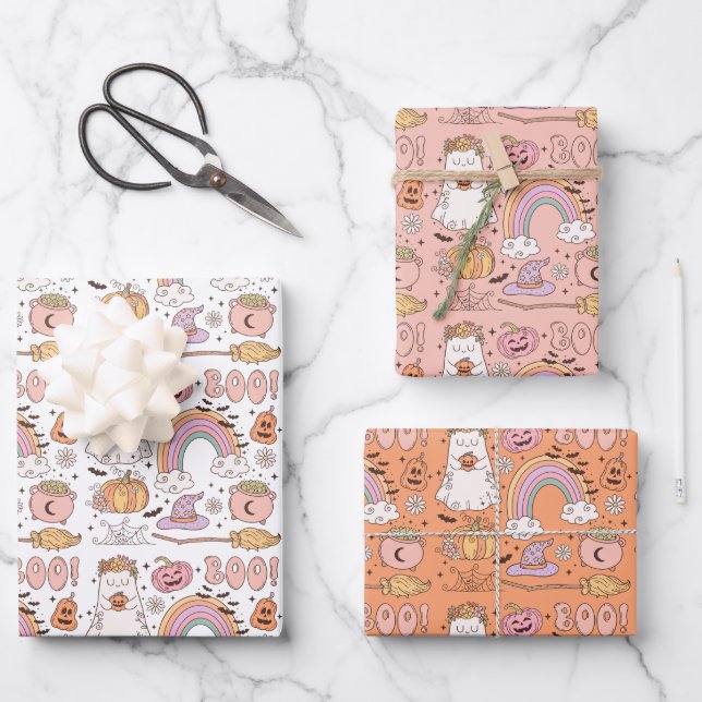 Feuille De Papier Cadeau Retro Trendy Cute Halloween Elements Ghost Citroui (Recto)