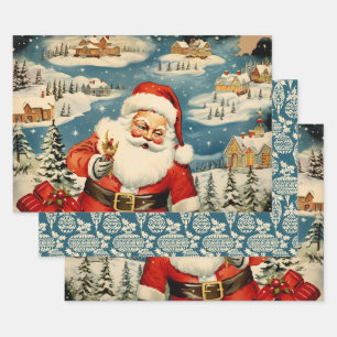 Feuille De Papier Cadeau Retro Vintage Christmas Trio Style D
