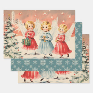 Feuille De Papier Cadeau Retro Vintage Christmas Trio Style E