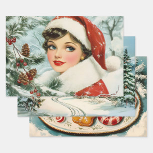 Feuille De Papier Cadeau Retro Vintage Christmas Trio Style U