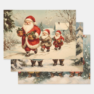 Feuille De Papier Cadeau Retro Vintage Christmas Trio Style V