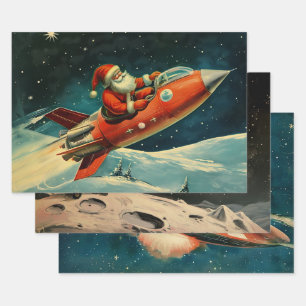 Feuille De Papier Cadeau Retro Vintage Noël : Père Noël Space Adventure