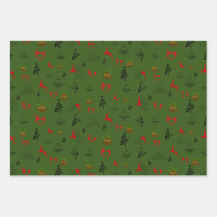 Feuille De Papier Cadeau Rindeer rouge vert et or