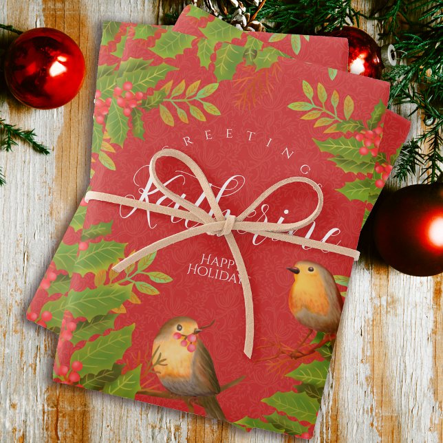 Feuille De Papier Cadeau Robin Birds Holly Berry Red (Robin Birds Holly Berry Design.)
