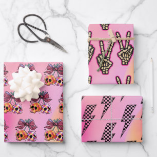 Feuille De Papier Cadeau Rock n Roll Crânes Roses Main de Squelette Hallowe