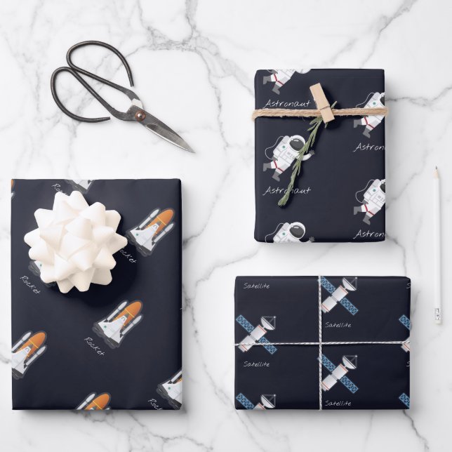 Feuille De Papier Cadeau Rockets Système solaire Astronaut Satellite 3 pièc (Recto)