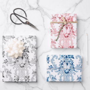 Feuille De Papier Cadeau Rococo à l'élégance florale rose, gris et bleu